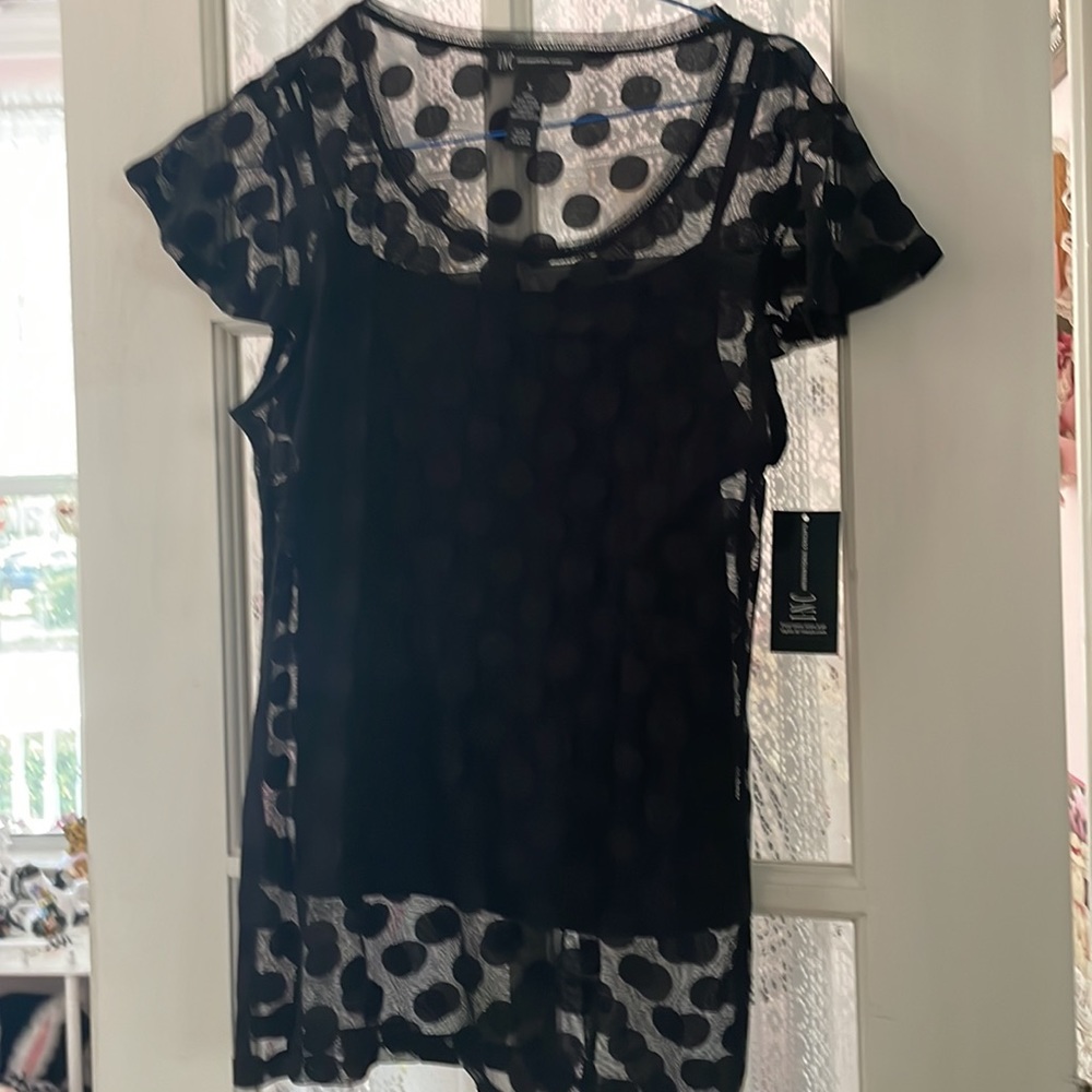 INC BLACK POLKS DOT Two piece tank and overlay top